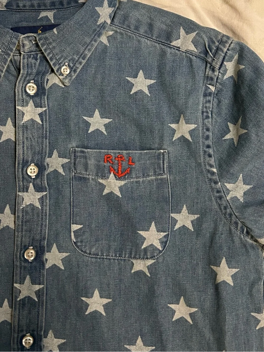 Ralph Lauren Boy’s Big Kid RRL Denim and Star Print Chambrey Short Sleeve Shirt